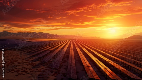 A field of solar panels is illuminated by the setting sun