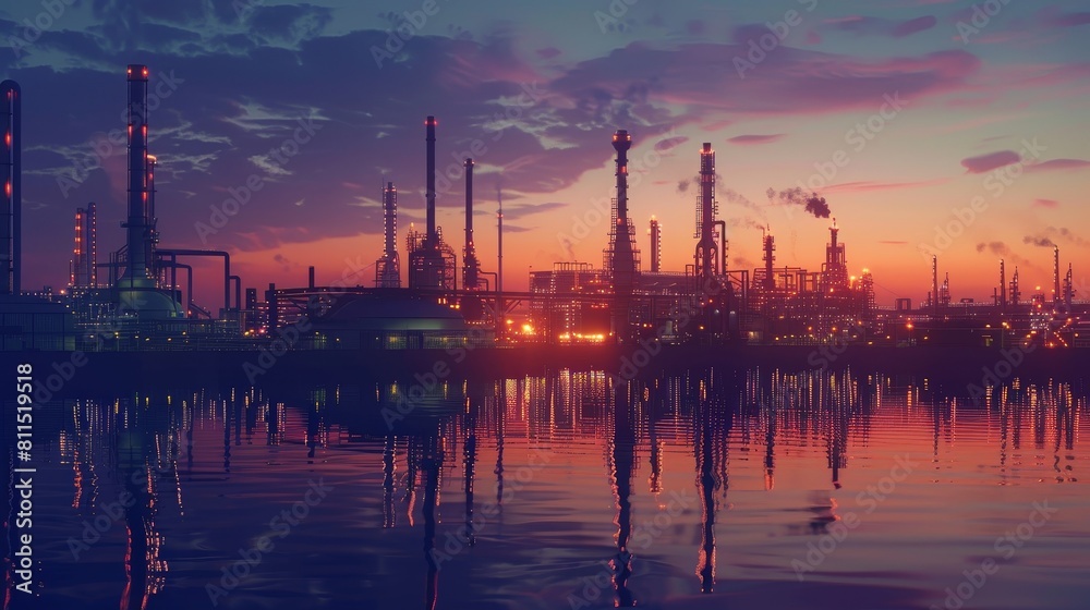 A beautiful sunset over a city skyline with a large industrial area