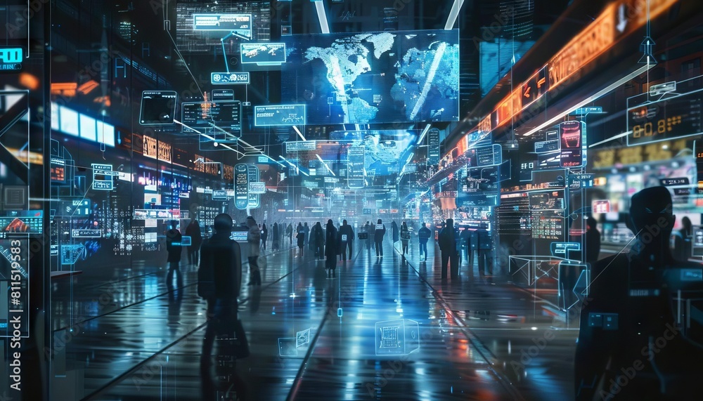 A digital artists concept of a futuristic global market, with interconnected economies and digital transactions A digital artists concept of a futuristic global market, with interconnected economies and digital transactions