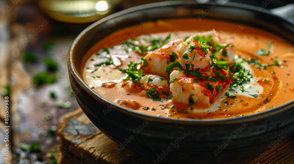 A rustic seafood bisque with lobster and parsley on a wooden table A rustic seafood bisque with lobster and parsley on a wooden table