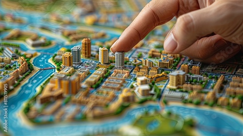 Hand pointing on a planning map indicating future residential, commercial, and investment zoning for real estate projects