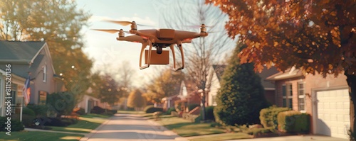 A drone delivering a small parcel to a customer in a suburban neighborhood, demonstrating lastmile delivery innovation photo