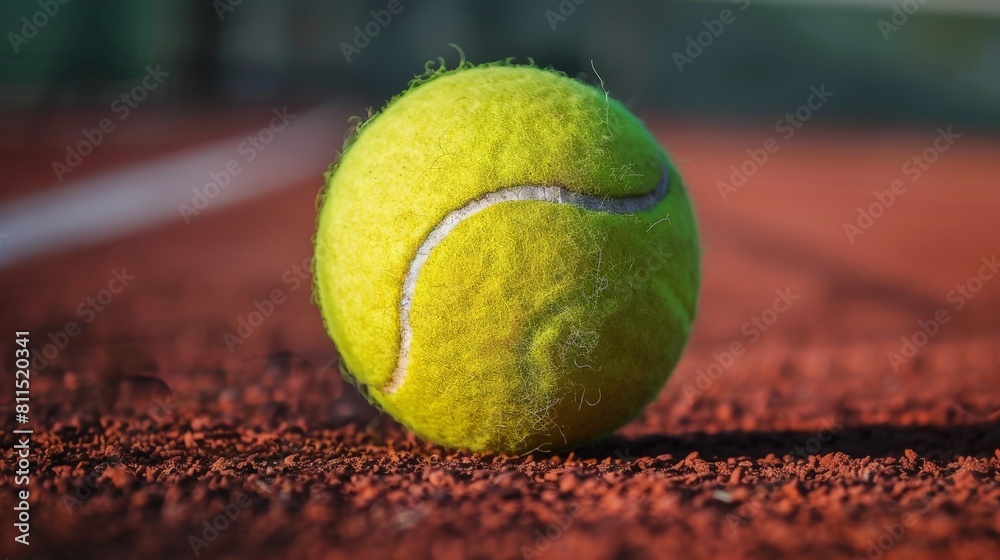 A close up of a tennis ball on a clay court