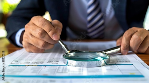 A financial auditor reviewing compliance documents with a magnifying glass over detailed transaction records