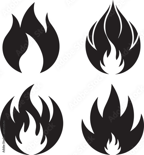 Fire icon set. Vector illustration in black on a white background.