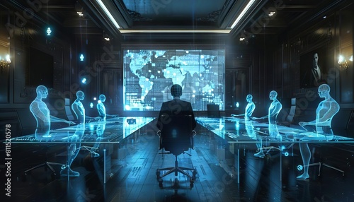 A futuristic concept of holographic video conference rooms where participants appear lifesize