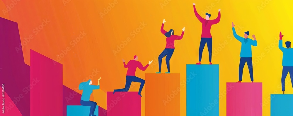 A graph illustrating rising customer satisfaction levels, with loyal customers cheering at the top A graph illustrating rising customer satisfaction levels, with loyal customers cheering at the top