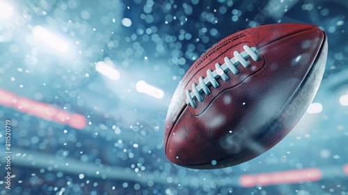 Close up of a football with stadium lights in the background.