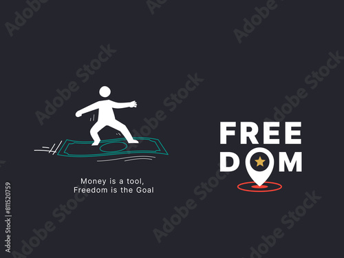 Simple Motivation graphic on dark background. A person riding money like a flying carpet.