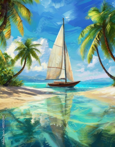 tropical island with palm trees summer beach tableau  featuring a lone sailboat drifting on crystal clear waters swaying palm trees and a cloudless blue sky 
