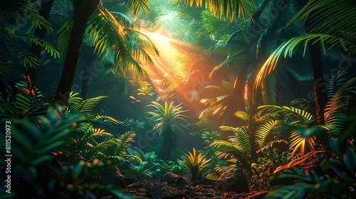 Tropical Rainforest Landscape background  Tropical jungle palms  created with technology.