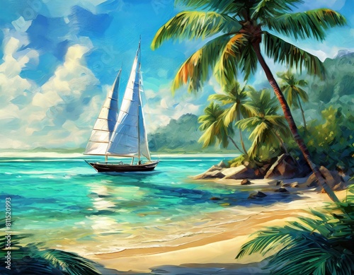 and a cloudless blue sky n crystal clear waters swaying palm trees and a cloudless blue sky summer beach tableau  featuring a lone sailboat drifting on crystal clear waters swaying palm trees and a cl