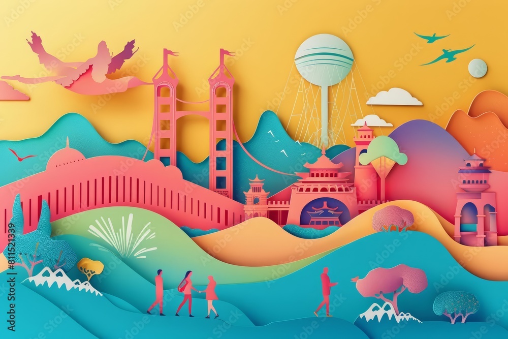 Paper cut cute design of mindfulness travel, illustrated in minimal styles, perfect as a colorful banner Paper cut cute design of mindfulness travel, illustrated in minimal styles, perfect as a colorful banner