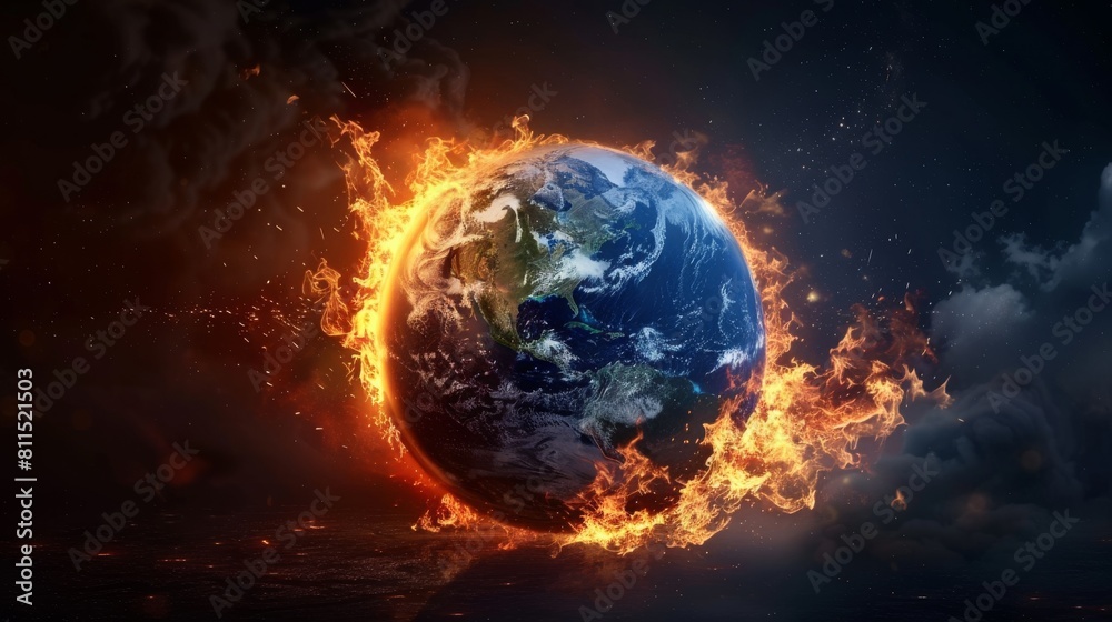 3D Render of Planet Earth Engulfed in Flames: A Hyper-Realistic Depiction of Global Warming and Environmental Crisis, Showing Earth Melting and Burning Against a Dark Background