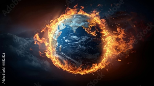 3D Render of Planet Earth Engulfed in Flames  A Hyper-Realistic Depiction of Global Warming and Environmental Crisis  Showing Earth Melting and Burning Against a Dark Background