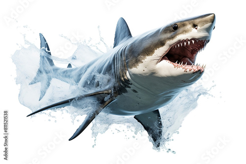Menacing great white shark lurks near shore for prey.