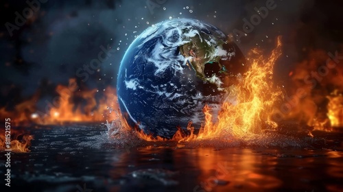 3D Render of Planet Earth Engulfed in Flames: A Hyper-Realistic Depiction of Global Warming and Environmental Crisis, Showing Earth Melting and Burning Against a Dark Background