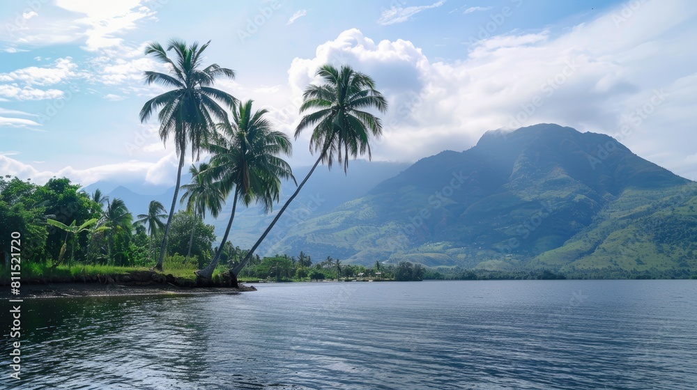 Lakefront coconut trees with mountain backdrop Embracing nature and leisure Stunning scenery Lakefront coconut trees with mountain backdrop Embracing nature and leisure Stunning scenery