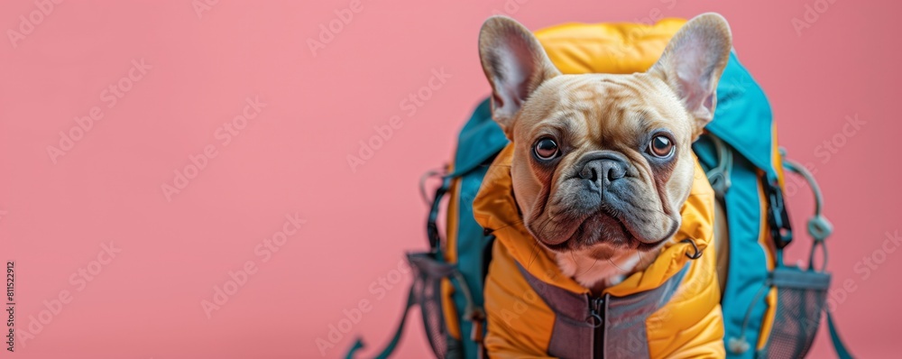 A French Bulldog dons a winter jacket and backpack, set against a pink background, looking prepared and curious for a cold weather outing.