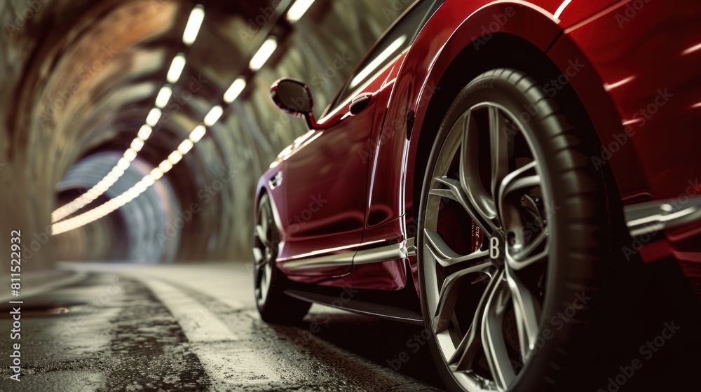 side view of dark red luxury car in tunnel. AI generated image