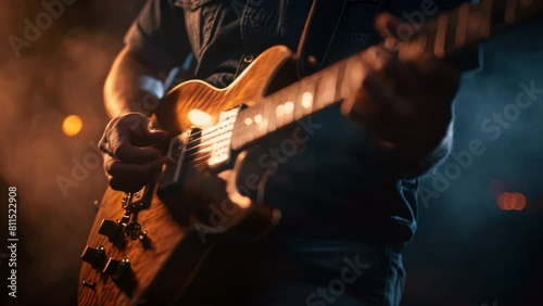  a passionate guitarist's hands expertly plucking the strings of their electric guitar, photo