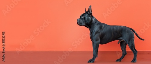 A muscular black dog stands confidently on an orange backdrop  showcasing strength and poise  highlighting its impressive physique.