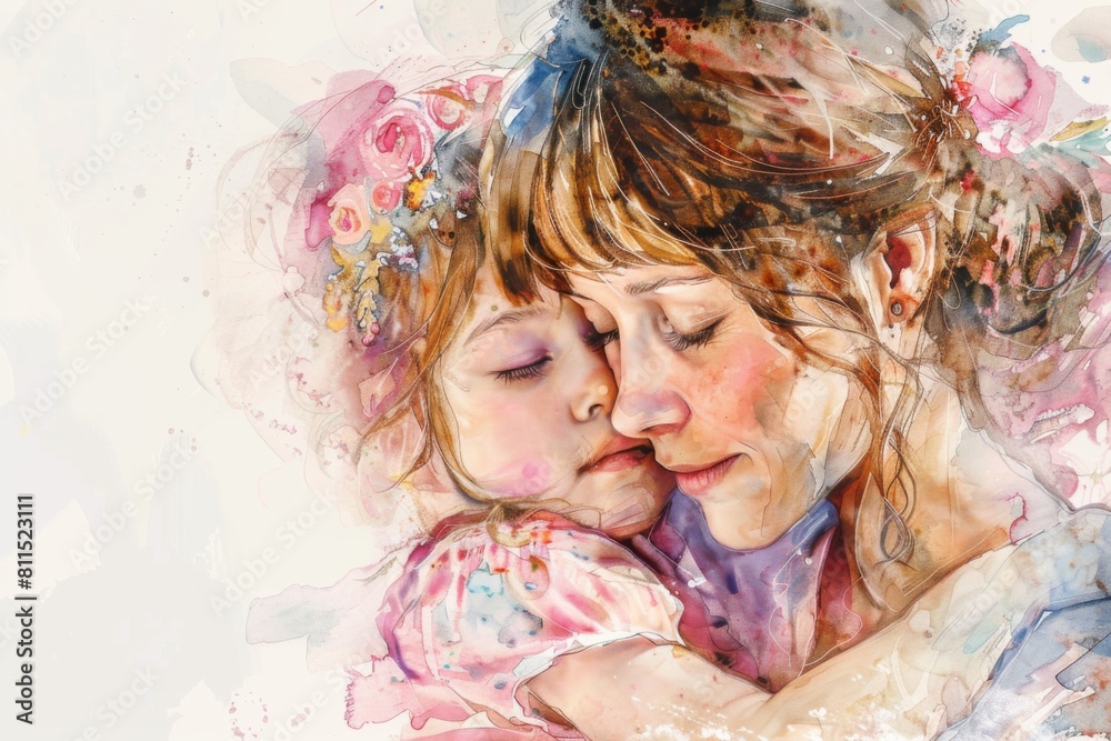 Mother and daughter share a tender moment in colorful watercolor