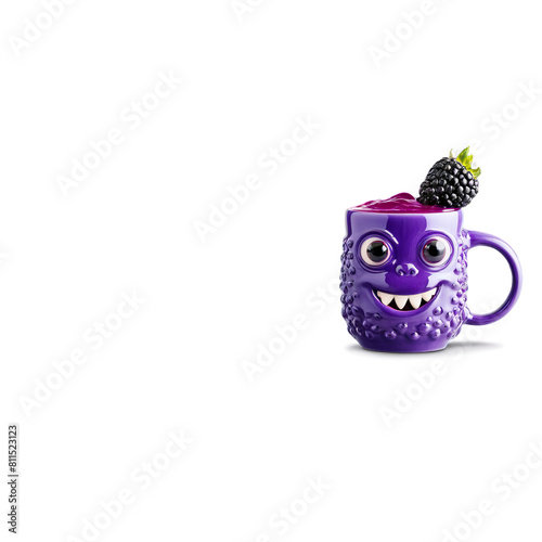 Quirky monster shaped ceramic mug with a vibrant purple glaze filled with a creamy blackberry