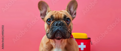 A French Bulldog sits attentively with a red and yellow first aid kit, prepared for emergencies, against a pink background.