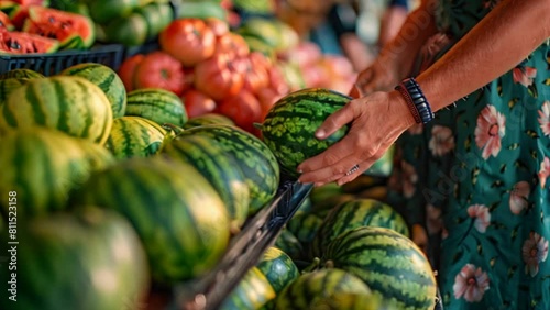 Customers pick fresh watermelons from a stall at a local market. Suitable for summer or nutrition concepts. photo