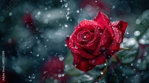 Macro photography  red rose blooming with a little splash of water  AI generated image