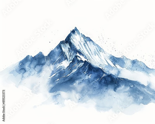This clean, minimal watercolor painting of a snowy mountain peak offers a refreshing and calming view, Clipart minimal watercolor isolated on white background © Watercolor_Kawaii