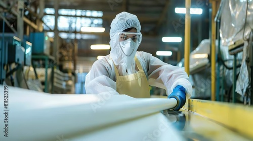 A worker wearing protective gear, handling fiberglass material in a manufacturing facility.