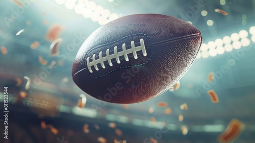 A close up of an American football in mid air with the stadium lights in the background photo