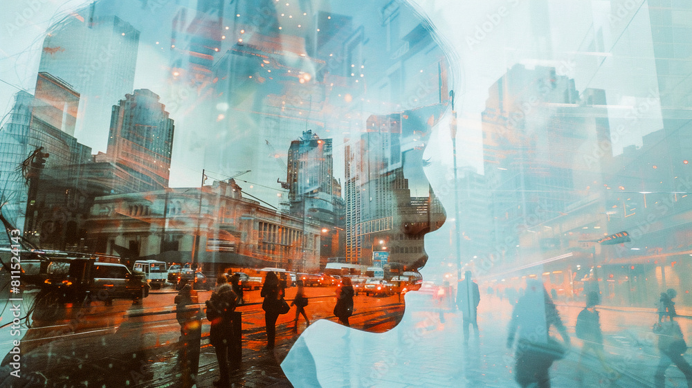 Obraz premium double exposure of cityscape and street view and people .