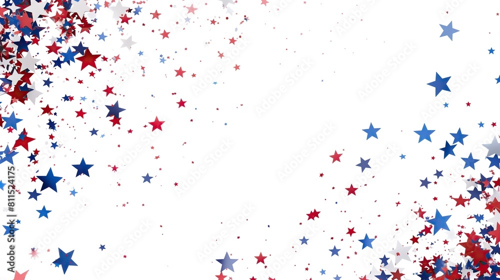 A dynamic scene of red, white and blue star confetti. American flag set against a pure white background, to celebrate the essence of US Independence Day -02