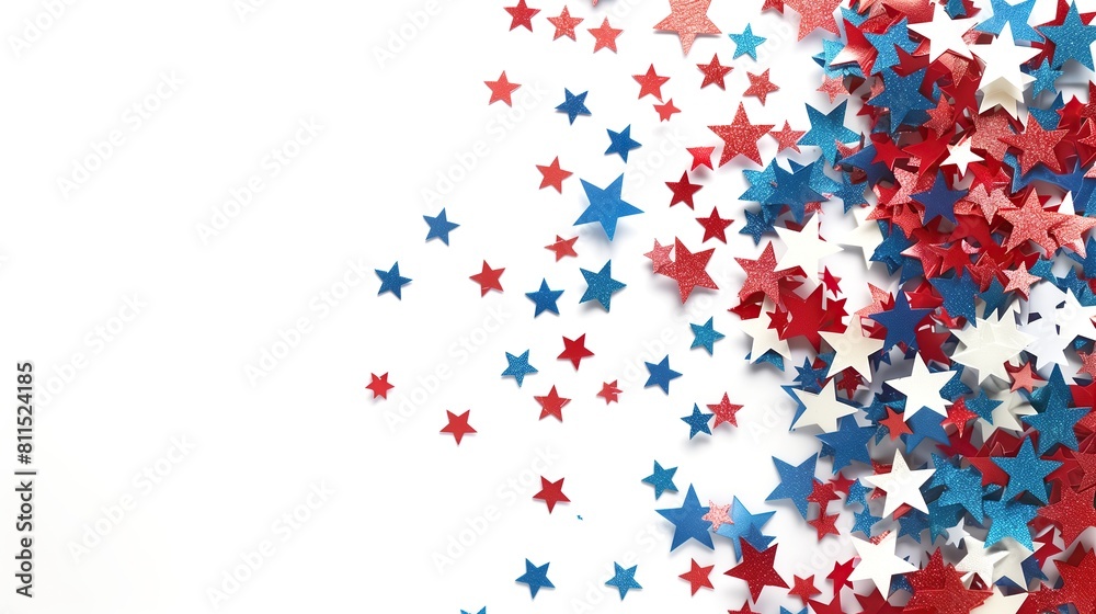 A dynamic scene of red, white and blue star confetti. American flag set against a pure white background, to celebrate the essence of US Independence Day -01