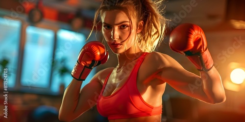 A fit woman practicing kickboxing at home staying active and healthy. Concept At-Home Fitness, Kickboxing Workout, Healthy Lifestyle, Exercise Routine, Strong Women photo