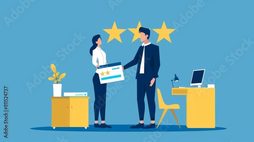 A support agent handing a feedback report with fivestar ratings to a store manager, celebrating excellent service photo