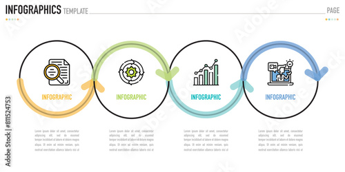 Circular linear infographic template or element with 4 step, process, option, colorful connected circle, label, shadow, minimal style for sale slide, agenda, schedule, flowchart, workflow, calendar