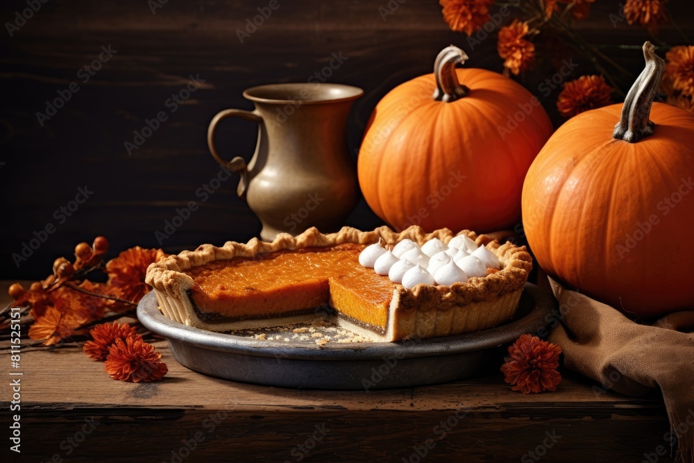 Homemade pumpkin pie on a rustic wooden background. Autumn still life. Homemade pumpkin pie on a rustic wooden background. Autumn still life.