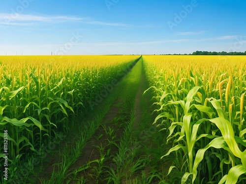Corn field  blue sky with sunset or sunlight. agriculture farming concept.
