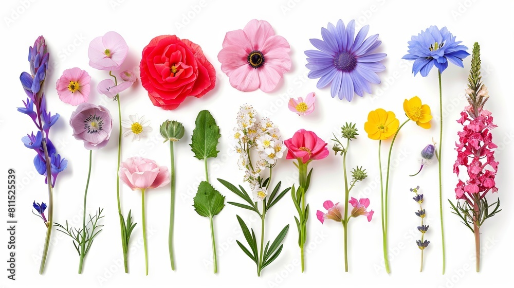 A group of flowers are arranged on a white background. Generative AI. A group of flowers are arranged on a white background. Generative AI.