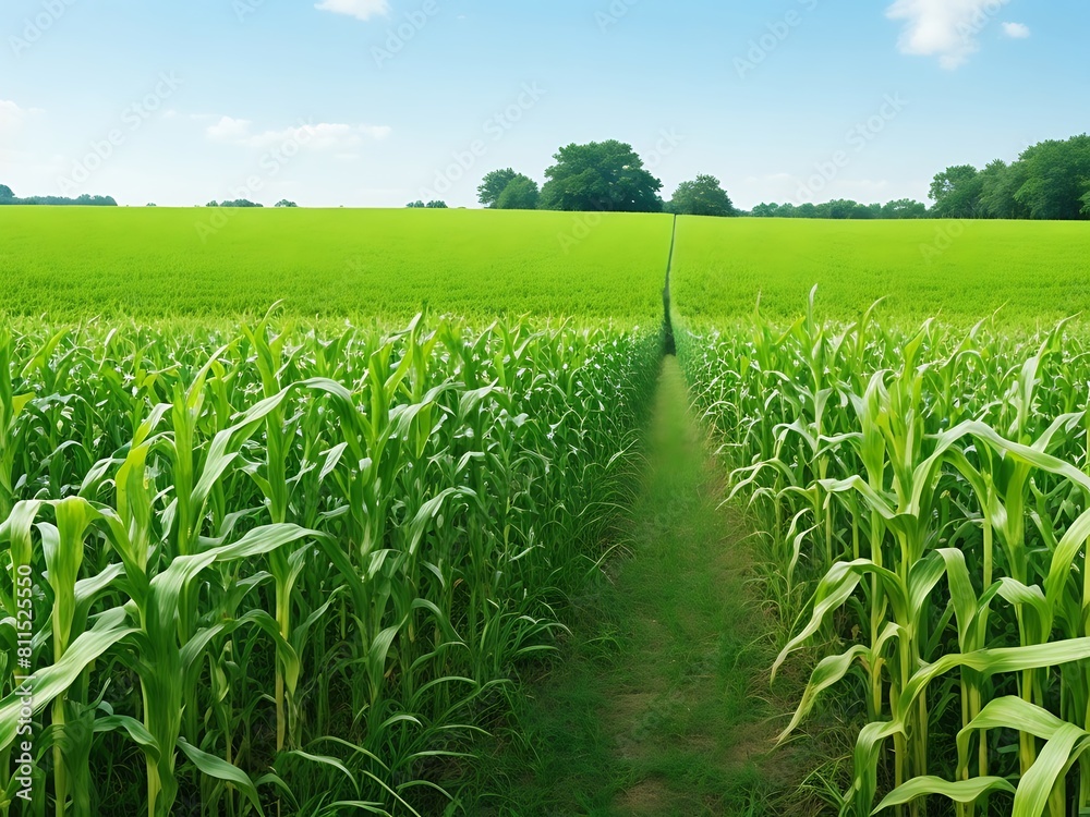 Fototapeta premium Corn field, blue sky with sunset or sunlight. agriculture farming concept.