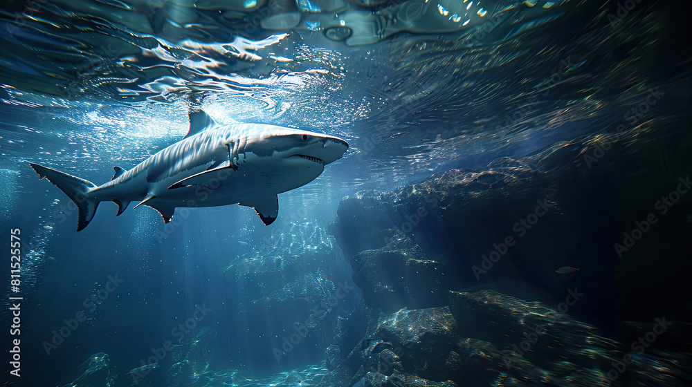 Fototapeta premium Shark in the ocean with the sun shining through the water