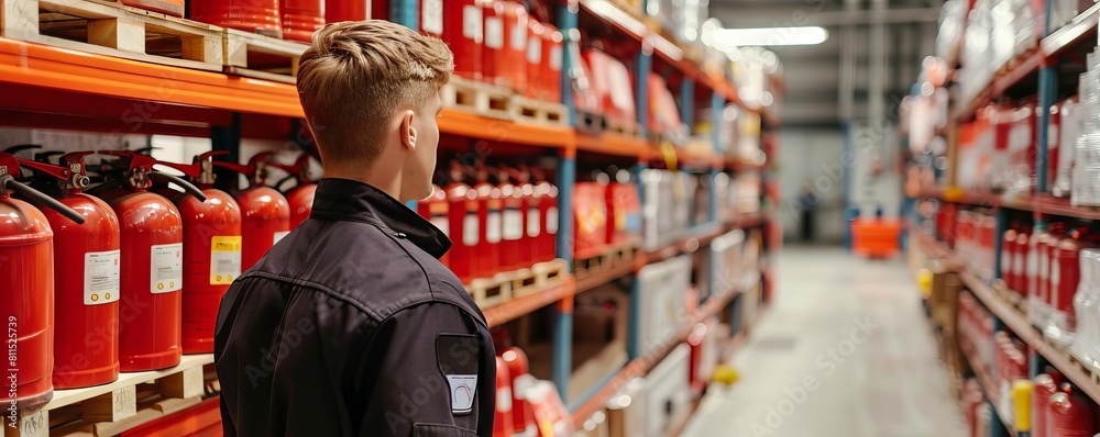 A warehouse manager ensuring fire extinguishers and emergency exits are properly labeled and accessible A warehouse manager ensuring fire extinguishers and emergency exits are properly labeled and accessible