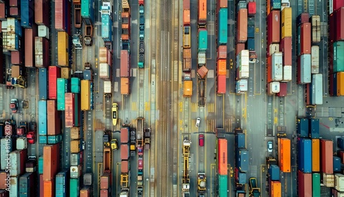 An aerial view of a vast industrial port filled with ships, trains, and trucks moving goods across continents