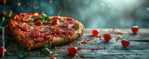 A heart-shaped pizza  perfect for Valentine s Day  on the left side of the banner with copyspace for your love message.