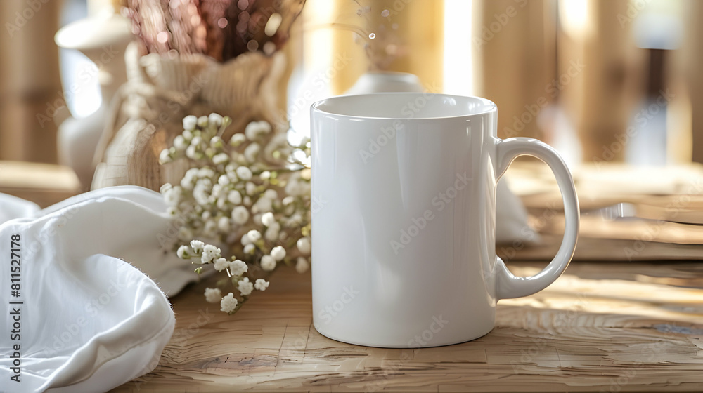  white mug mockup with boho style background with copy space