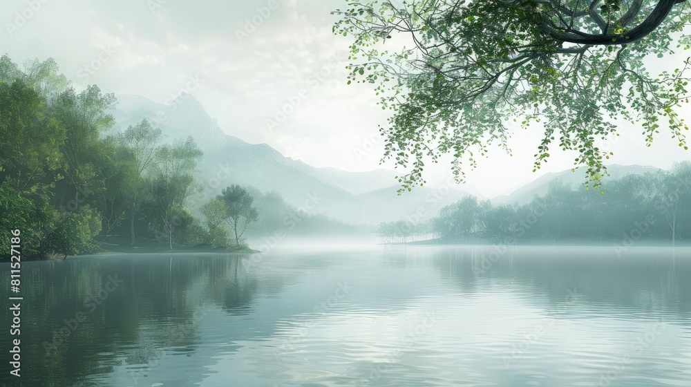 Serenely calm lake with a stunning vista Serenely calm lake with a stunning vista
